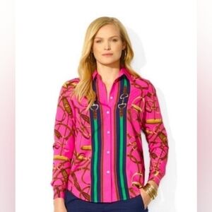Lauren Ralph Lauren Pink Equestrian Bridle Print Button Front Blouse, XL